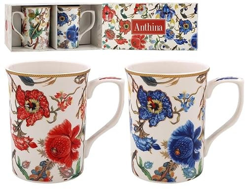 The Leonardo Collection Anthina - Juego de 2 tazas de té y café para bebidas calientes, tazas impresas de porcelana fina para cocina y hogar, tazas de cerámica reutilizables para cada ocasión, regalos