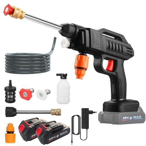 Akku Hochdruckreiniger - Kabelloser Hochdruckreiniger mit Akku,Tragbare Autowaschmaschine mit 5M Schlauch, für Auto, Boden, Garten, Tierbad & Fassadenreinigung (6000mah Akku *2)