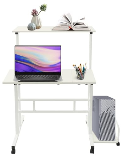 KAUITOPU Escritorio de altura regulable para ordenador con ruedas, escritorio pequeño sobre ruedas, mesa para ordenador portátil con bandeja extraíble para teclado y estante (blanco)