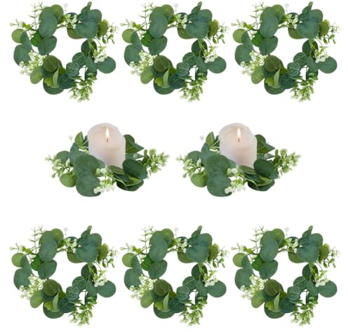 OLYCRAFT 8 Stück Kerzenringe 11cm Künstliche Eukalyptusblätter Kränze Kerzenringe Kranz Säulenkerzenhalter Dekorative Kerzen Kränze Für Party Hochzeit Tisch Heimdekoration