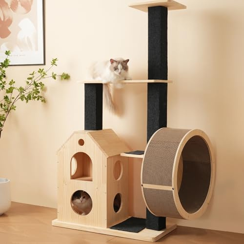 Árbol para gatos de madera maciza con rueda, rascador con 4 plataformas, 2 casas para gatos, resistente al agua y a la humedad, rodillo para gatos, rueda para gatos, estructura de escalada (natural)