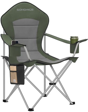 SONGMICS Campingstuhl, klappbar, tragbar, breiter Sitz, hohe Rückenlehne | Outdoor-Stuhl, mit Getränkehalter, Handyhalter, Stoff-Organizer, grün-grau, SANDY Kollektion GCB005CD01