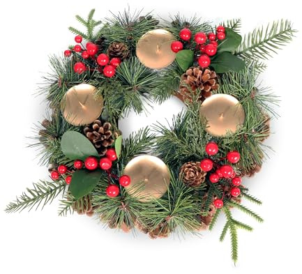 Gartenpirat Künstlicher Weihnachtskranz Ø 30 cm für echte Kerzen Adventskranz geschmückt mit Zapfen und roten Beeren