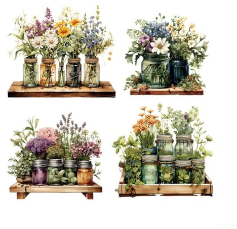 ZWEquipint 4Pcs Hanging Plant Wall Stickers, Colorful Flower in Pots Decal Set, PVC Removable Reusable Wall Art for Home Decor, Kitchen, Bathroom, Bedroom