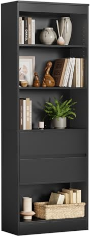 FORABAMB Bücherregal, Bücherschrank mit 2 Schubladen & 4 Fächern, Wohnzimmerschrank mit verstellbaren Ablagen, Hochschrank für Wohnzimmer Schlafzimmer Arbeitszimmer, platzsparend,180x60x24 cm,Schwarz