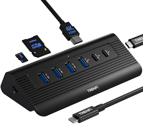 TRENFI 10-in-1 Aluminum USB C Hub with Detachable Cable | USB 3.2 Gen2 10Gbps, 4K 60Hz HDMI, 100W PD Charging, SD/TF Reader for Laptop, M1-M5 MacBook Pro/Air, Mac mini (Black)