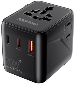 GRIFEMA Adaptador de Viaje Universal 5 en 1 con USB-C 20W