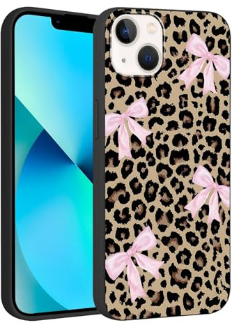 Foonary Leopard Pink Bow Print Case for iPhone 13 mini 5.4,Cute Aesthetic Design Silicone Soft cheetah print Pattern Phone Cover for Girls, Preppy Shockproof Protective Case for Women