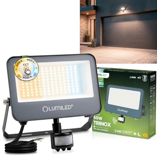 Lumiled LED Strahler Außen 50W 5500lm CCT 3000K 4000K 6500K mit Bewegungsmelder Dämmerungssensor IP65 Wasserdicht Fluter Außenstrahler Garten Garage Hof Wandstrahler Aluminium Grau