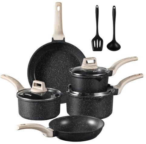 CAROTE 10-Piece Nonstick Pots and Pans Set with Lids&Utensils | Marble-Effect Coating, Heat-Resistant Handle,Suitable for All Hob,Easy to Clean, PFOS & PFOA Free