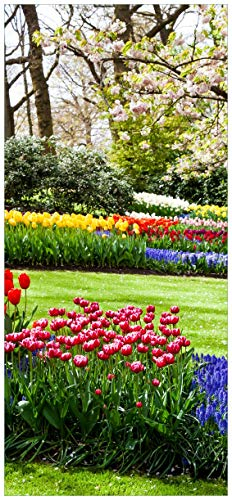 Wallario Selbstklebende Türtapete Bunte Blumen und Kirsch-Baum im Park blühen im Frühling - Türposter 93 x 205 cm Abwischbar, rückstandsfrei zu entfernen