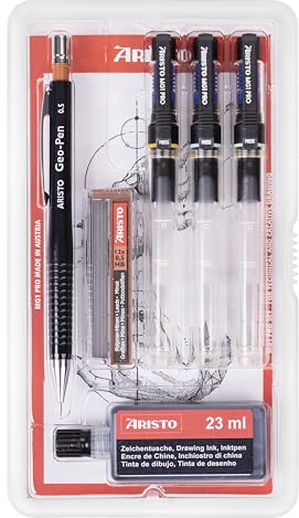 Aristo AH64311 mg1 Pro Tuschefüller College Set 6-teilig (3 Tuschefüller mg1 Pro, Strichstärken 0,35/0,5/0,7 mm, Geo-Pen Feinminenstift 0,5 mm mit 12 Ersatzminen, Zeichentusche schwarz)