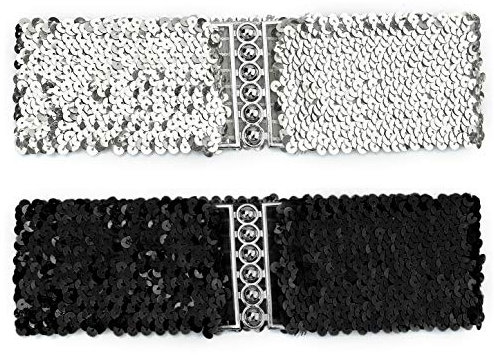 sourcing map Damen Pailletten Dekor Metall Ineinandergreifende Schnallen Elastischer Taillengürtel Schwarz & Silber Passform Taillenumfang: 19,68/50cm bis 29,52/75cm