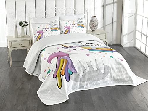 ABAKUHAUS Einhorn-Katze Tagesdecke Set, Kinder-Fiction-Fee, Set mit Kissenbezug Ohne verblassen, für Einzelbetten 170 x 220 cm, Weiß Lila