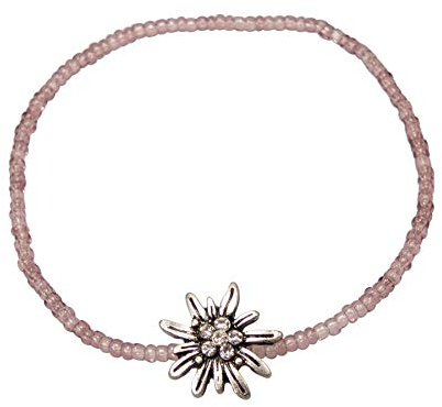 Alpenflüstern Filigran Perlen-Trachten-Armband Strass-Edelweiss - Damen-Trachtenschmuck mit antik-Silber-farbenem Trachten-Edelweiss, elastische Trachten-Armkette, Perlenarmband Flieder DAB073