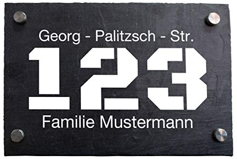 wandmotiv24 Personalisierte Hausnummer Hausnummernschild aus Naturstein Schiefer, auf Schiefertafel, mit individueller Beschriftung Hausnummer, Straße, Familiennamen M0047