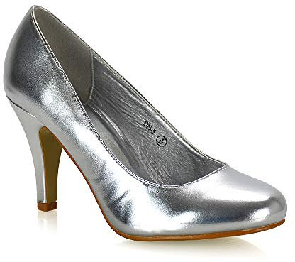 Womens Wedding MID Heel Ladies Bridal White Ivory Party Prom Heels Court Shoes Size 3 4 5 6 7 8 (Silver Metallic, Numeric_6)