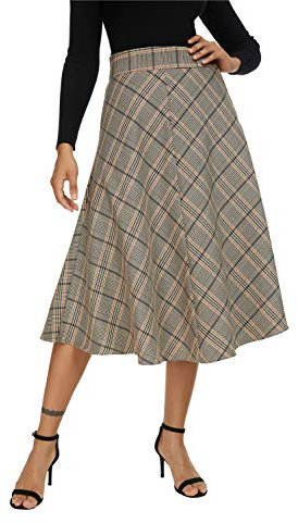 Alcea Rosea Damen High Waist Plaid Midirock A-Linie Chic Elastic Waist Flare Long Rock S-XXL (Klassisches Grau, Medium)