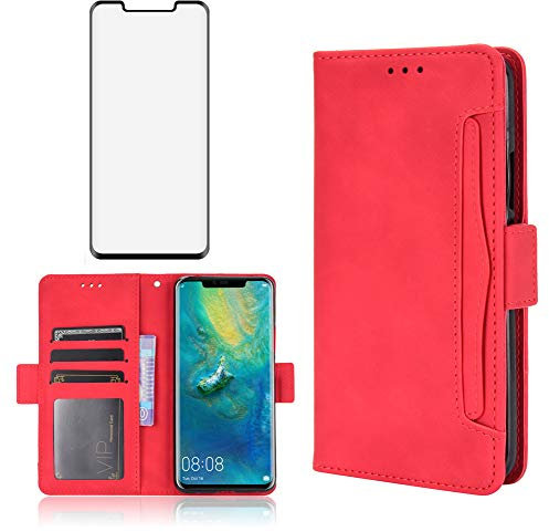 Asuwish Funda para Huawei Mate 20 Pro con Cristal Templado Protector Pantalla Vidrio Pelicula Protectora Libro Cuero Piel Tarjetero Soporte Hawaii Mate20 20Pro LYA-L29 Tapa Carcasa Capa Case Rojo