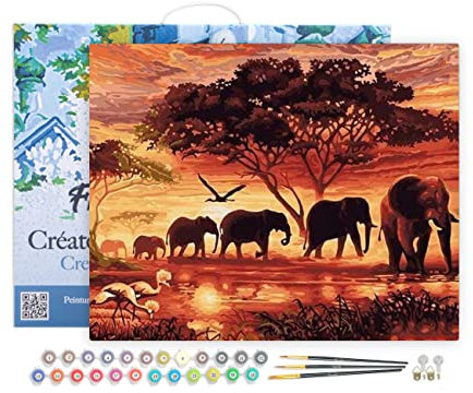 Figured'Art Peinture par Numéro Adulte avec Cadre Eléphants au Coucher du soleil - Activité Manuelle Kit de Loisir Créatif DIY Numéro d'Art Complet - 40x50cm toile tendue sur châssis
