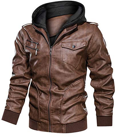 Uusollecy Giacca Pelle Uomo con Cappuccio Staccabile Stile Vintage Giacca di Pelle Uomo in Similpelle, Marrone XL