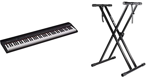 Roland Go:Piano88 Digital Piano, Full-Size 88-Note Piano and RockJam XX-363 Xfinity Doublebraced Pre Assembled Keyboard Stand with Locking Straps & Lessons.,Black