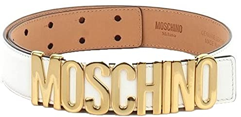 Moschino Ledergürtel matt weiß mit großem Logo Gold 38