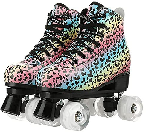 XVBVS Modische Rollschuhe für Erwachsene, Farbe Leopard PU-Leder Obermaterial, Klassische High-Top Zweireihige Rollschuhe für Indoor Outdoor Anfänger Frauen Männer und Jungen Mädchen (38,Weiß)