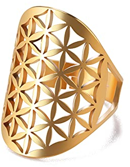 Amaxer Edelstahl Blume des Lebens Mandala Heilige Geometrie Ring für Frauen Aussage Ausgehöhlt Verstellbarer Bandring Schmuck für Dame (Gold)