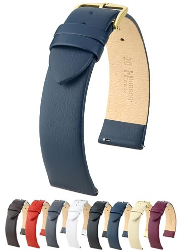 Hirsch Toronto Leder-Uhrenarmband, Blau, L, 20 mm, glänzende goldene Schnalle, Band