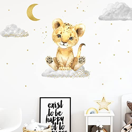 WANDKIND Löwe auf der Wolke Wandtattoo V338 | handgezeichnet | AUFKLEBER Kindergarten | Wandsticker Kinderzimmer Löwen mit goldene Sterne Lion Gold Wolken (40 x 40 cm)