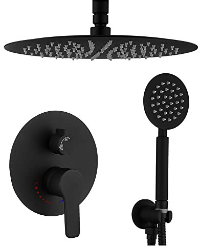 Decken-Duschsystem, rund, schwarz, Duscharmatur mit 25,4 cm Duschkopf und Handbrause, Messingventil für Badezimmer, Duscharmatur