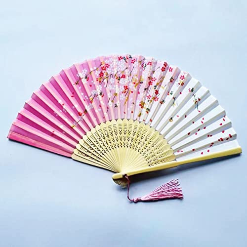 Yukiyi Handfächer für Damen, faltbar, Bambus-Fächer mit Quaste, Seidenstoff, Wanddekoration, Hochzeit, Party (rosa 1)