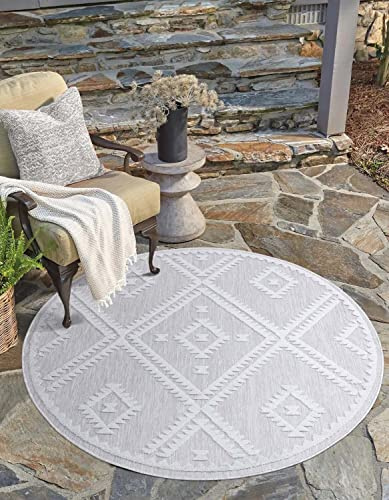 carpet city In-& Outdoor Teppich - Rund 200 cm - für Innen-& Außenbereich - Wetterfest Balkon-Teppich, Terrasse, Flur, Küche - Wohnzimmer-Teppiche - Hochtief/ 3D-Effekt - Rauten-Muster in Grau
