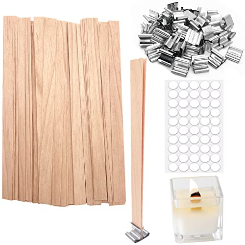 50 Pcs Wooden Candle Wicks + + 50pcs 304 Stainless Steel Base + 50 Double-Sided Stickers,Thickened Wood Wicks with Iron Stand & Candle Wick Trimmer& Candle Wick Stickers for Candle Making, 5.1 X 0.51”