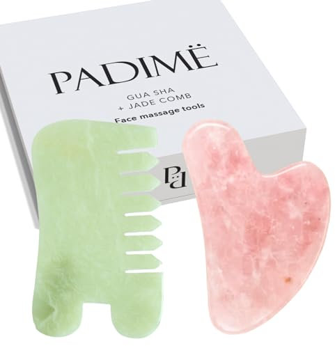 Padime 2 pezzi | Premium Set massaggio 2 in 1 | Strumenti viso Gua Sha + pettine di giada | Set Guasha per viso + massaggiatore cuoio capelluto – quarzo rosa – strumenti per massaggio viso Guasha