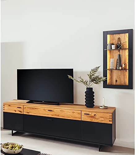 Lomadox Moderne TV-Möbel Kombination mit Beleuchtung, Schwarzgrau lackiert mit Wildeiche massiv, B/H/T ca. 215/191/50 cm