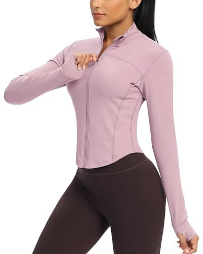 QUEENIEKE Women's Cropped Running Jackets - Zip Up Lightweight Athletic Yoga Gym Tops BBL Jacket with Thumb Holes (Dusty Rose, Medium)