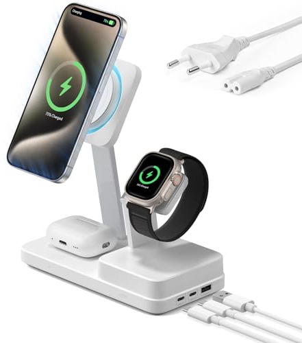 ESR 100W 6 in 1 GaN Ladestation mit CryoBoost, kompatibel mit MagSafe Ladeständer, magnetisches kabelloses Ladegerät für iPhone 16/15/14/13, Apple Watch, AirPods 4/3/2/Pro, und USB-C/A-Geräte, Weiß