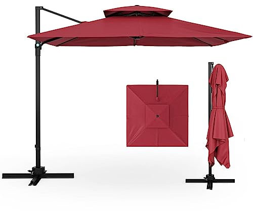 COSTWAY 3M Cantilever Garden Parasol, Square Offset Banana Umbrella with 360° Rotation, Dual Vented Top & Cross Base, 8-Rib Outdoor Hanging Sun Shade for Patio Market (Wine)