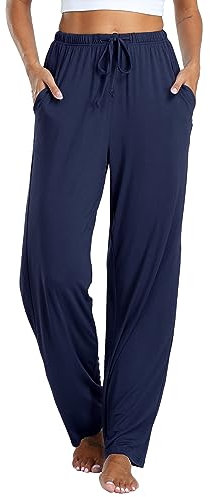 Vlazom Damen Schlafanzughose Modal Lang Weich Loungehose Freizeithose Yogahose Nachtwäsche Hosen mit Taschen Pyjamahose mit geradem Beinil(L,Marineblau)