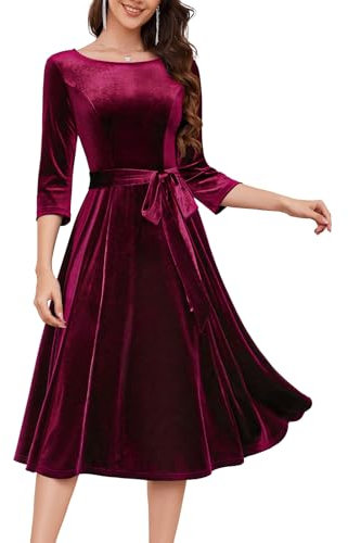 DRESSTELLS Burgundy Velvet Dress for Women, Christmas Evening Dress with Long Sleeves, 2024 Xmas Winter Formal Party Wedding Guest Dress Size S