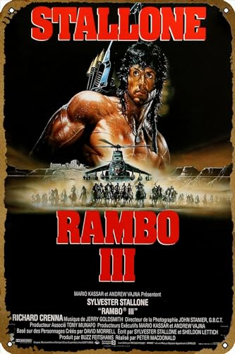 KNIOIL Retro-Filmposter Rambo 3 1988 Blechschild, Vintage-Stil, klassisches altes Filmposter, Metallschild, TV-Bar, Geschenk, Karaoke, Musikclub, Restaurant, Männerhöhle, Wanddekoration, 20,3 x 30,5