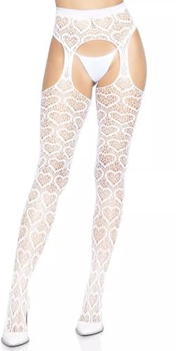 PrettyLoveHose Collant Résille Bas Porte-Jarretelles Dentelle Coeur Blanc Taille unique T1 à T3 (36-38-40)