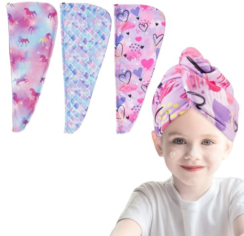 Kaisibum 3 Stück Haarturban Kinder, Mikrofaser Handtuch Haare, Turban Handtuch mit Knopf, Haarturban Kinder Saugfähige Handtücher für Frauen Kinder