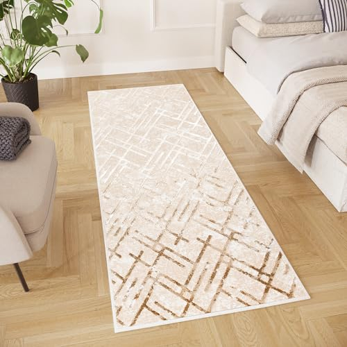TAPISO Crystal Läufer Teppich Glänzend Gold Beige Creme Linien Figuren Zigzag Wohnzimmer Schlafzimmer Flur Korridor Modern Design ÖKO-TEX 120 x 110 cm
