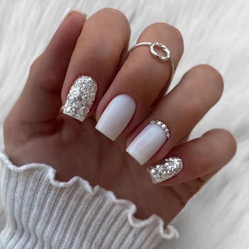 Faux Ongles Court MouyouGlow,Carré Nude Naturel Rose Blanc French 3D Noeud Papillon Diamant Press on Nails avec Colle à Ongles,Natural Pink White Tips Fake Nails