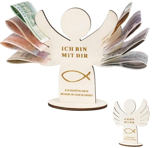 Meanju Holzengel mit Gravur zur Taufe, Geldgeschenk Holz, Geldgeschenke zur Taufe, Geldgeschenk Mädchen Jungen Engel Holzfiguren Glücksbringer Gastgeschenk für Kinder (A)