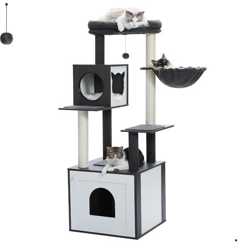 MIOMUM Tall Cat Tree with Litter Box Enclosure 56.7 Wooden Cat Tower for Large Cats with Cat Hammock House Bed (Wood Black)