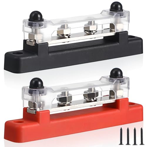 PartyKindom 12V-48V Bus Bar Power Distribution 6 Terminal Block, 6 * 2 Screws, 150A Battery Max 300V AC/48V DC with Cover, for Car, RV, Yacht, Ship
